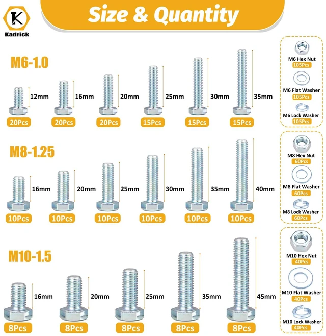 Alt view image 2 of 7 - 820Pcs Metric Bolt Assortment,M6 M8 M10 Hex Heavy Duty Bolts Kit Class 8.8 Bolts Nuts Flat/Lock Washers Included,M6-1.0 M8-1.25 M10-1.5 (12mm to 45mm),Eco-Friendly Zinc Plated