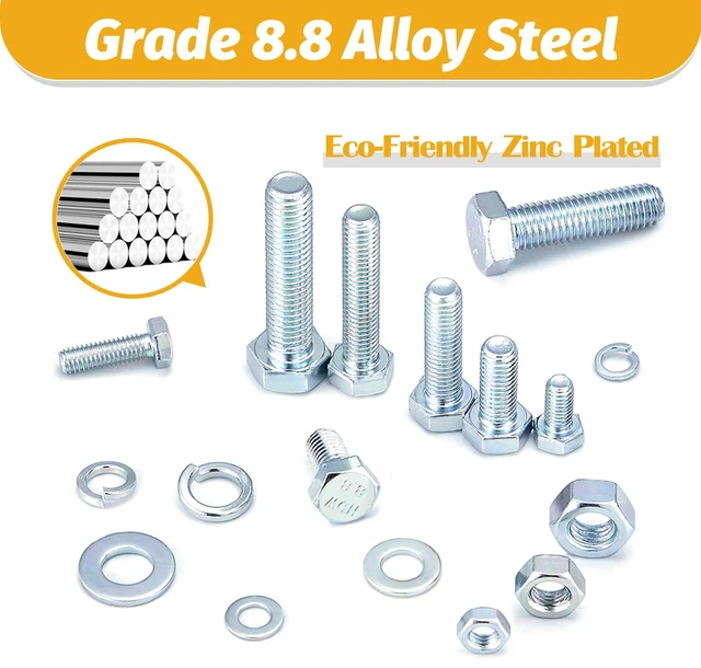Alt view image 3 of 7 - 820Pcs Metric Bolt Assortment,M6 M8 M10 Hex Heavy Duty Bolts Kit Class 8.8 Bolts Nuts Flat/Lock Washers Included,M6-1.0 M8-1.25 M10-1.5 (12mm to 45mm),Eco-Friendly Zinc Plated