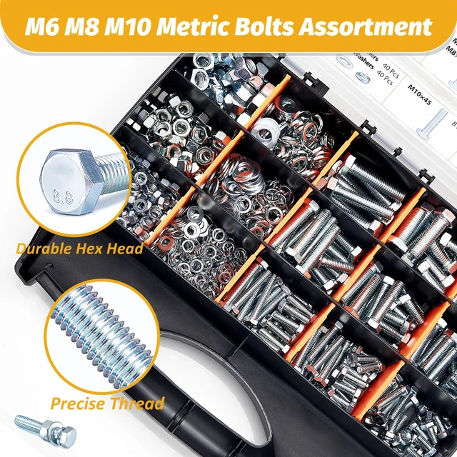 Alt view image 4 of 7 - 820Pcs Metric Bolt Assortment,M6 M8 M10 Hex Heavy Duty Bolts Kit Class 8.8 Bolts Nuts Flat/Lock Washers Included,M6-1.0 M8-1.25 M10-1.5 (12mm to 45mm),Eco-Friendly Zinc Plated