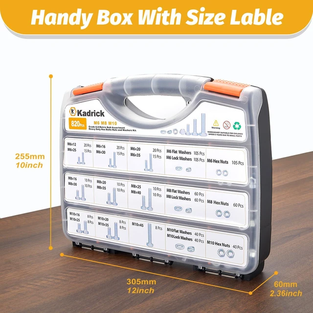 Alt view image 6 of 7 - 820Pcs Metric Bolt Assortment,M6 M8 M10 Hex Heavy Duty Bolts Kit Class 8.8 Bolts Nuts Flat/Lock Washers Included,M6-1.0 M8-1.25 M10-1.5 (12mm to 45mm),Eco-Friendly Zinc Plated