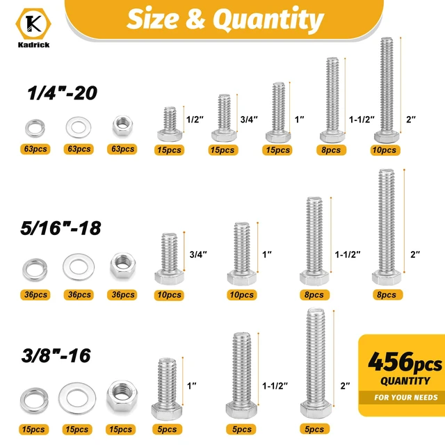 Alt view image 2 of 7 - 456PCS Stainless Steel Bolt and Nut Kit,SAE 1/4-20 5/16-18 3/8-16 With Storage Box,Length from 1/2''-2''304 stain less steel,assorted bolts with nuts flat & lock washers