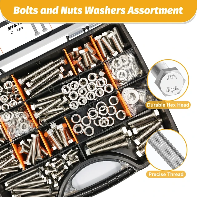 Alt view image 3 of 7 - 456PCS Stainless Steel Bolt and Nut Kit,SAE 1/4-20 5/16-18 3/8-16 With Storage Box,Length from 1/2''-2''304 stain less steel,assorted bolts with nuts flat & lock washers
