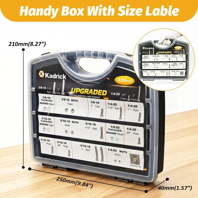 Alt view image 6 of 7 - 456PCS Stainless Steel Bolt and Nut Kit,SAE 1/4-20 5/16-18 3/8-16 With Storage Box,Length from 1/2''-2''304 stain less steel,assorted bolts with nuts flat & lock washers