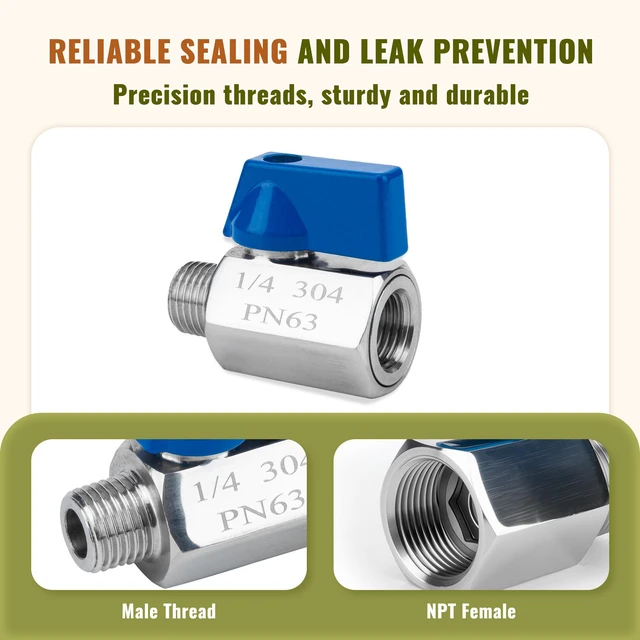 Alt view image 5 of 7 - 4Pack 1/4" Mini Ball Valve, 304 Stainless Steel Shut-Off Valve NPT Female x Male Thread Small Valves for Compact Space (4, 1/4 Inch)