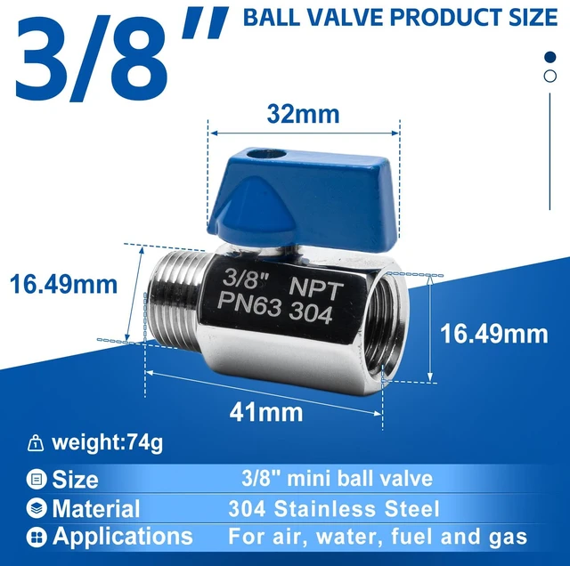 Alt view image 2 of 7 - 4Pack 3/8" Mini Ball Valve, 304 Stainless Steel Shut-Off Valve NPT Female x Male Thread Small Valves for Compact Space (4, 3/8 Inch)