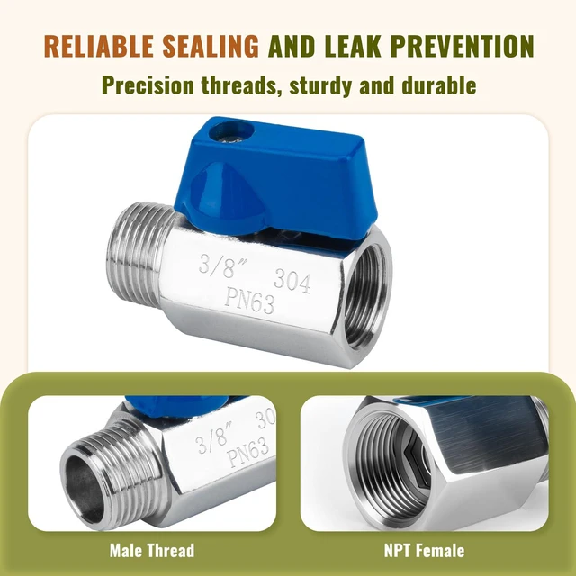Alt view image 5 of 7 - 4Pack 3/8" Mini Ball Valve, 304 Stainless Steel Shut-Off Valve NPT Female x Male Thread Small Valves for Compact Space (4, 3/8 Inch)