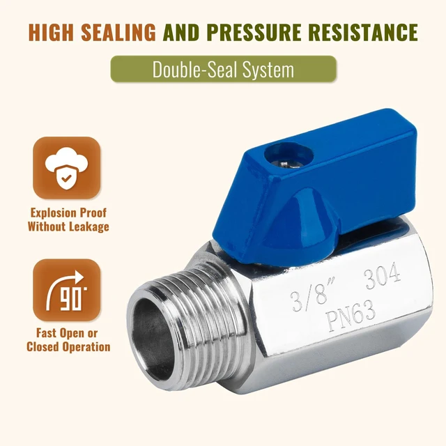Alt view image 7 of 7 - 4Pack 3/8" Mini Ball Valve, 304 Stainless Steel Shut-Off Valve NPT Female x Male Thread Small Valves for Compact Space (4, 3/8 Inch)