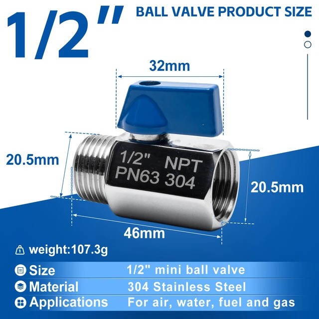 Alt view image 2 of 7 - 4Pack 1/2" Mini Ball Valve, 304 Stainless Steel Shut-Off Valve NPT Female x Male Thread Small Valves for Compact Space (4, 1/2 Inch)