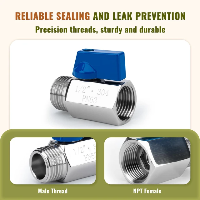 Alt view image 5 of 7 - 4Pack 1/2" Mini Ball Valve, 304 Stainless Steel Shut-Off Valve NPT Female x Male Thread Small Valves for Compact Space (4, 1/2 Inch)
