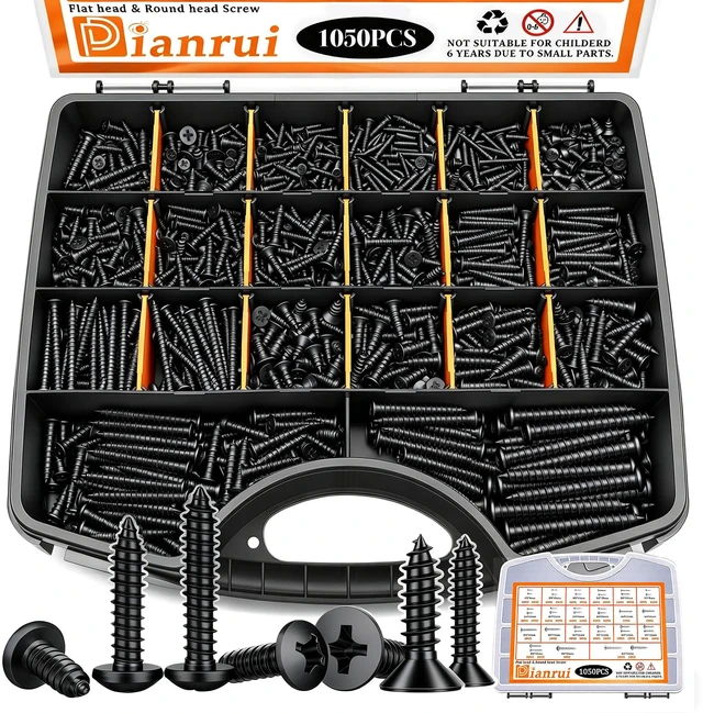Main image of 1050PCS Black Wood Screws Assortment Kit, Assorted 304 Stainless Steel Screws M3/M4/M5/M6, Phillips Drive Sheet Metal Self Tapping Screw Set Marine Grade (Pan & Flat Screw) Length 1/4" to 2"