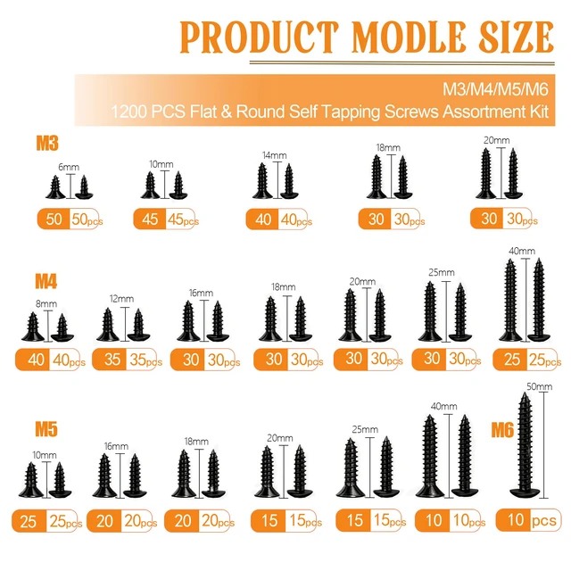 Alt view image 3 of 6 - 1050PCS Black Wood Screws Assortment Kit, Assorted 304 Stainless Steel Screws M3/M4/M5/M6, Phillips Drive Sheet Metal Self Tapping Screw Set Marine Grade (Pan & Flat Screw) Length 1/4" to 2"