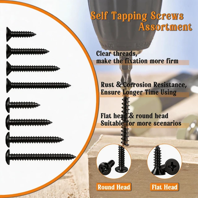 Alt view image 4 of 6 - 1050PCS Black Wood Screws Assortment Kit, Assorted 304 Stainless Steel Screws M3/M4/M5/M6, Phillips Drive Sheet Metal Self Tapping Screw Set Marine Grade (Pan & Flat Screw) Length 1/4" to 2"