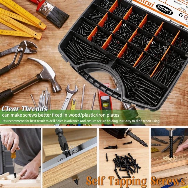 Alt view image 6 of 6 - 1050PCS Black Wood Screws Assortment Kit, Assorted 304 Stainless Steel Screws M3/M4/M5/M6, Phillips Drive Sheet Metal Self Tapping Screw Set Marine Grade (Pan & Flat Screw) Length 1/4" to 2"