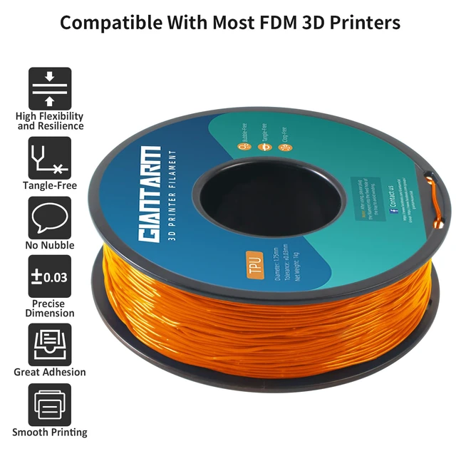 Alt view image 2 of 6 - TPU Filament 1.75mm 1Kg(2.2lbs), Orange Filament TPU, 95A Flexible 3D Printer Filament with High Elasticity, ±0.03mm Accuracy, Neatly Wound & Moistureproof, Non-Clogging,TPU Orange