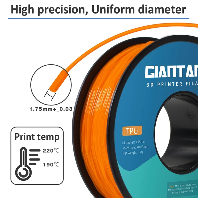 Alt view image 3 of 6 - TPU Filament 1.75mm 1Kg(2.2lbs), Orange Filament TPU, 95A Flexible 3D Printer Filament with High Elasticity, ±0.03mm Accuracy, Neatly Wound & Moistureproof, Non-Clogging,TPU Orange