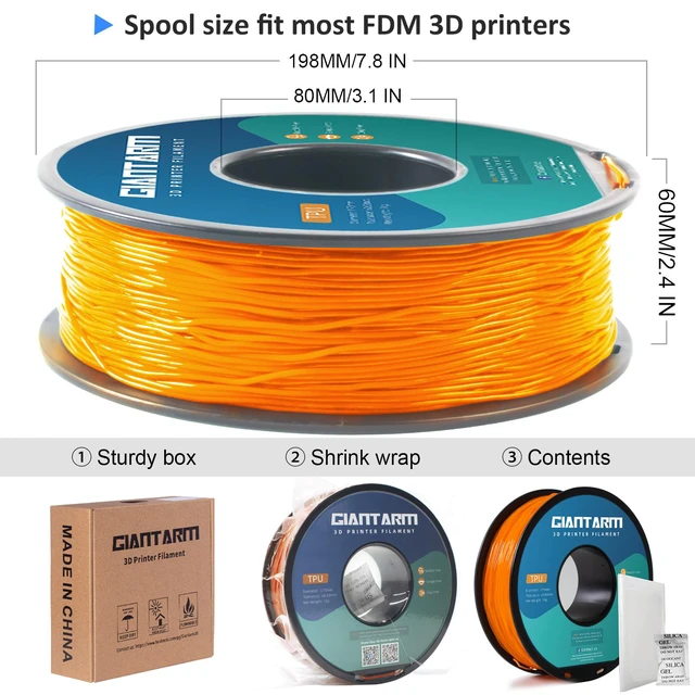 Alt view image 5 of 6 - TPU Filament 1.75mm 1Kg(2.2lbs), Orange Filament TPU, 95A Flexible 3D Printer Filament with High Elasticity, ±0.03mm Accuracy, Neatly Wound & Moistureproof, Non-Clogging,TPU Orange