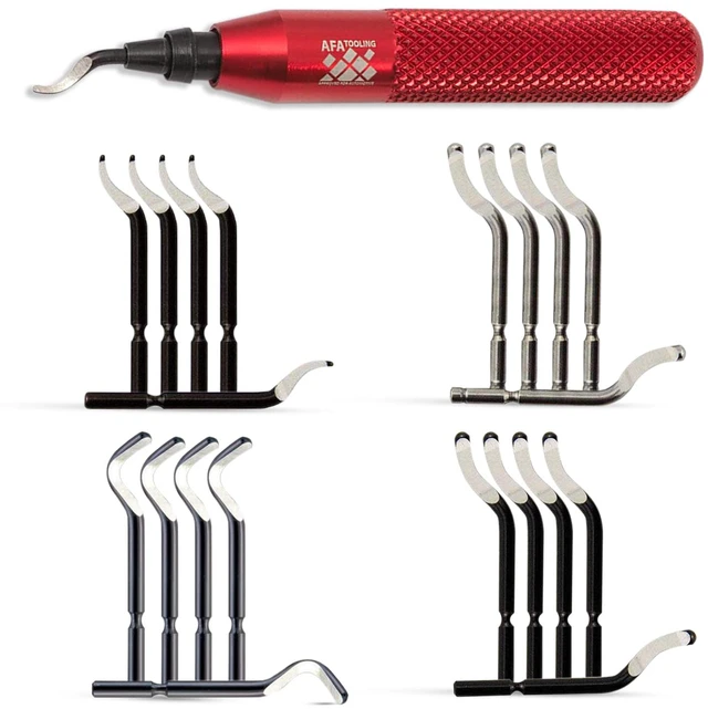 Main image of Deburring Tool, 21 HSS Blades, Red CNC Anodized Aluminum Handle Built for 3D printing, metal, PVC, copper and plastic; four M2/M35 types give 360-degree rotation on hard alloys and holes