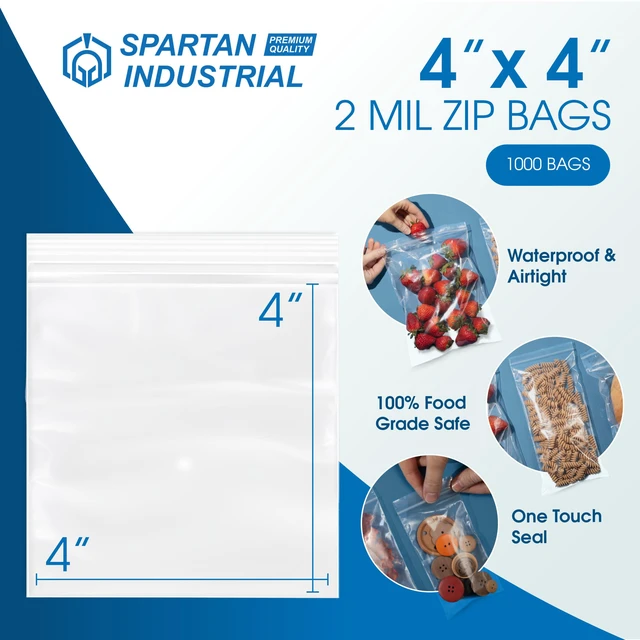 Alt view image 2 of 6 - 4 X 4 (1000 Count) 2 Mil Clear Reclosable Zip Plastic Poly Bags with Resealable Lock Seal Zipper