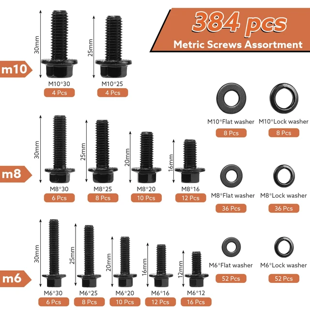 Alt view image 2 of 7 - 384-Piece Metric Flange Bolt Kit, M6 M8 M10, Black Alloy Steel Grade 8.8 Alloy Steel, Flange Head, Washers And Nuts Included, 12-30 Mm Sizes, For Auto, Motorcycle And Machinery