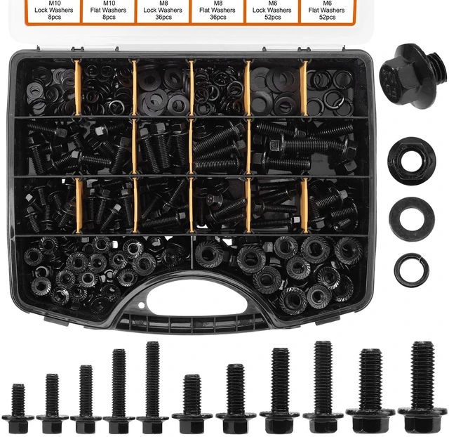 Main image of 384-Piece Metric Flange Bolt Kit, M6 M8 M10, Black Alloy Steel Grade 8.8 Alloy Steel, Flange Head, Washers And Nuts Included, 12-30 Mm Sizes, For Auto, Motorcycle And Machinery