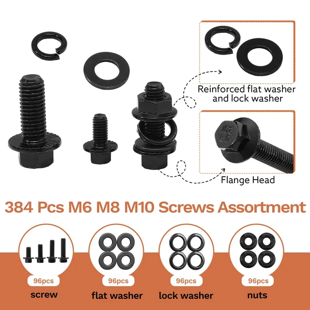 Alt view image 3 of 7 - 384-Piece Metric Flange Bolt Kit, M6 M8 M10, Black Alloy Steel Grade 8.8 Alloy Steel, Flange Head, Washers And Nuts Included, 12-30 Mm Sizes, For Auto, Motorcycle And Machinery