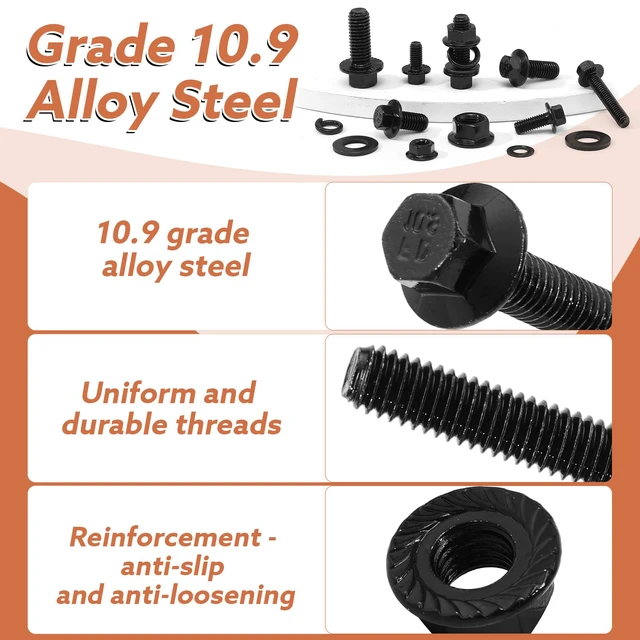 Alt view image 4 of 7 - 384-Piece Metric Flange Bolt Kit, M6 M8 M10, Black Alloy Steel Grade 8.8 Alloy Steel, Flange Head, Washers And Nuts Included, 12-30 Mm Sizes, For Auto, Motorcycle And Machinery