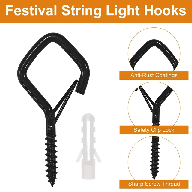 Alt view image 7 of 7 - 100PCS Screw Hooks for Outdoor String Lights, Patio Wall Ceilling Eye Hook Square Q-Hanger Hook with Safety Buckle for Hanging Cup Plant Pots Christmas Decor Wire Fairy Led, Wind Nut Driver, Black