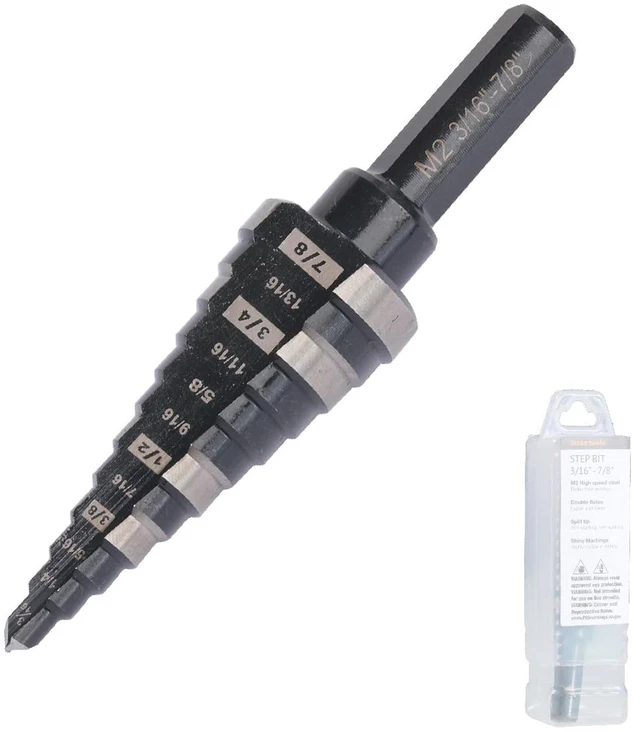Main image of 3/16"-7/8" M2 Step Drill Bit Unibit for Hole Drilling 12 Sizes M2 High Speed Steel; Fast, Clean Cuts in Stainless Steel, Copper, Aluminum, Wood, Plastic