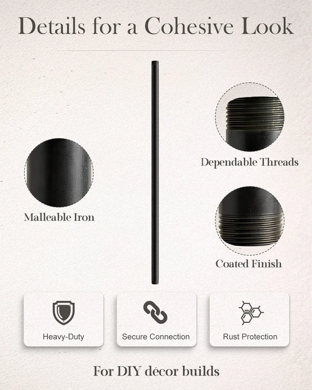 Alt view image 5 of 7 - 10 Pack 1/2 x 30 Inch Black Pipe Malleable Steel Nipples Fitting DIY steampunk industrial vintage style for black malleable steel threaded nipples fitting and pipes projects