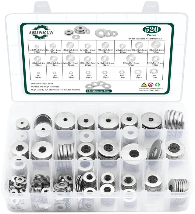 Main image of Fender Washers, 520 Pcs SAE + Metric 23 Sizes Flat Washers Assortment Set, 304 Stainless Steel Assorted Hardware Washers Kit for Bolts (M3 M4 M5 M6 M8 M10 M12 6# 8# 10# 1/4 5/16 3/8 1/2)