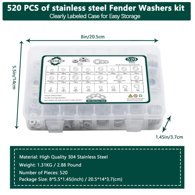 Alt view image 6 of 7 - Fender Washers, 520 Pcs SAE + Metric 23 Sizes Flat Washers Assortment Set, 304 Stainless Steel Assorted Hardware Washers Kit for Bolts (M3 M4 M5 M6 M8 M10 M12 6# 8# 10# 1/4 5/16 3/8 1/2)