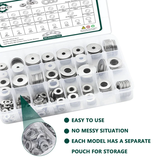 Alt view image 5 of 7 - Fender Washers, 520 Pcs SAE + Metric 23 Sizes Flat Washers Assortment Set, 304 Stainless Steel Assorted Hardware Washers Kit for Bolts (M3 M4 M5 M6 M8 M10 M12 6# 8# 10# 1/4 5/16 3/8 1/2)