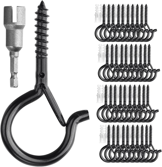 Main image of 40 Pack Screw Hooks for Hanging Plants Outdoor Lights(Black) Christmas Seasonal Lighting, Heavy Duty 2.2 Inch Eye Hook Cup Ceiling Hook Q-Hanger for Patio, Wall Wood Ceiling Deck Mount