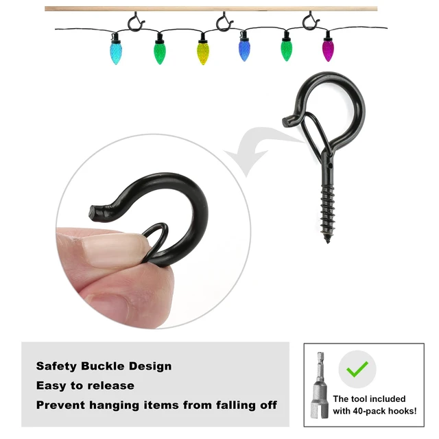 Alt view image 4 of 7 - 40 Pack Screw Hooks for Hanging Plants Outdoor Lights(Black) Christmas Seasonal Lighting, Heavy Duty 2.2 Inch Eye Hook Cup Ceiling Hook Q-Hanger for Patio, Wall Wood Ceiling Deck Mount