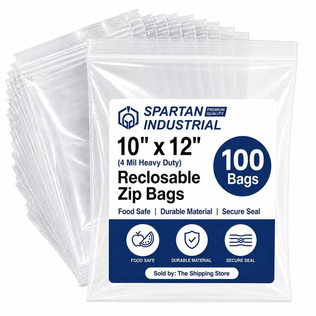 Main image of 10 X 12 (100 Count) 4 Mil Thick Clear Reclosable Zip Plastic Poly Bags with Resealable Lock Seal Zipper - Heavy Duty and Durable