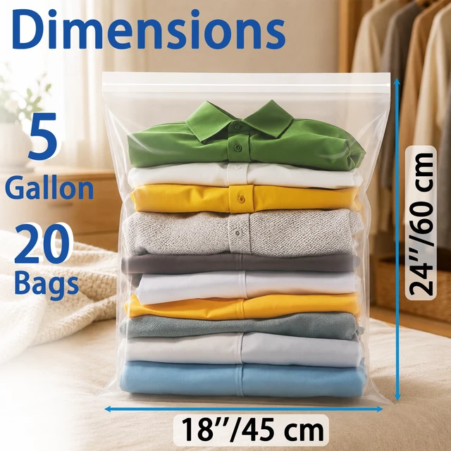 Alt view image 2 of 6 - Extra Large 5 Gallon Zippered Plastic Bags for - 18'' x 24'', Ideal for Clothes Clothing, Travel, Moving, 2-mil Thick Clear Plastic, 20 pack