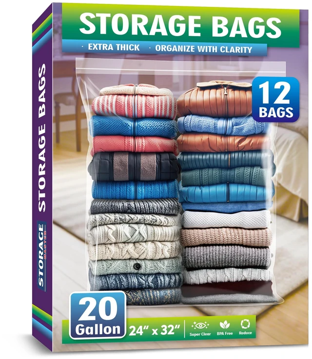 Main image of Extra Large 20 Gallon Zippered Plastic Bags for - 24'' x 32'', Ideal for Clothes Clothing, Travel, Moving, 3-mil Extra Thick Clear Plastic, 12 pack