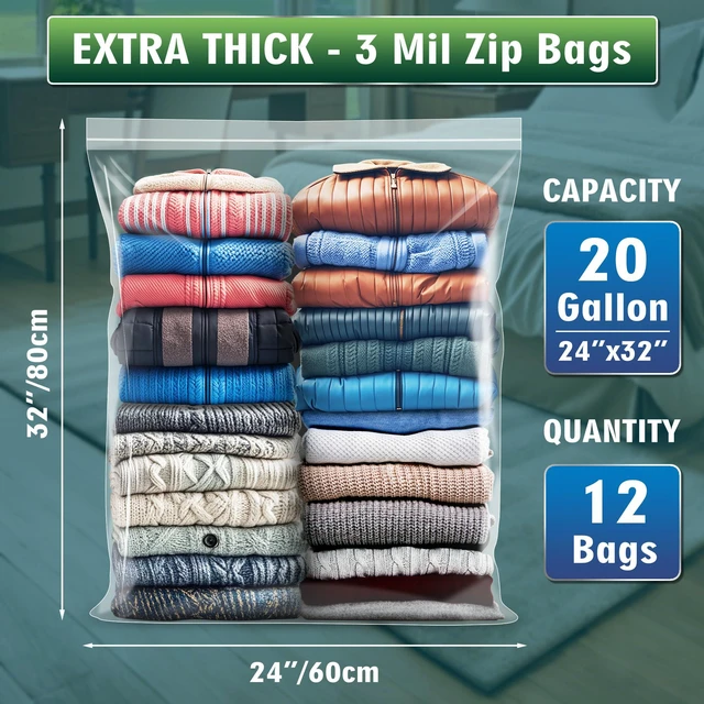 Alt view image 2 of 6 - Extra Large 20 Gallon Zippered Plastic Bags for - 24'' x 32'', Ideal for Clothes Clothing, Travel, Moving, 3-mil Extra Thick Clear Plastic, 12 pack