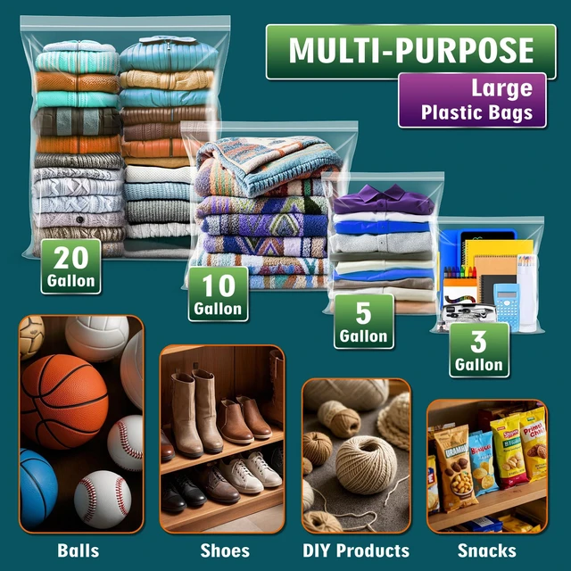 Alt view image 3 of 6 - Extra Large 10 Gallon Zippered Plastic Bags for - 24'' x 24'', Ideal for Clothes Clothing, Travel, Moving, 3-mil Extra Thick Clear Plastic, 15 pack