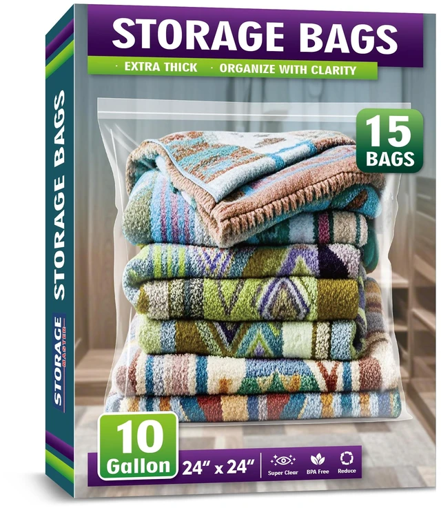 Main image of Extra Large 10 Gallon Zippered Plastic Bags for - 24'' x 24'', Ideal for Clothes Clothing, Travel, Moving, 3-mil Extra Thick Clear Plastic, 15 pack