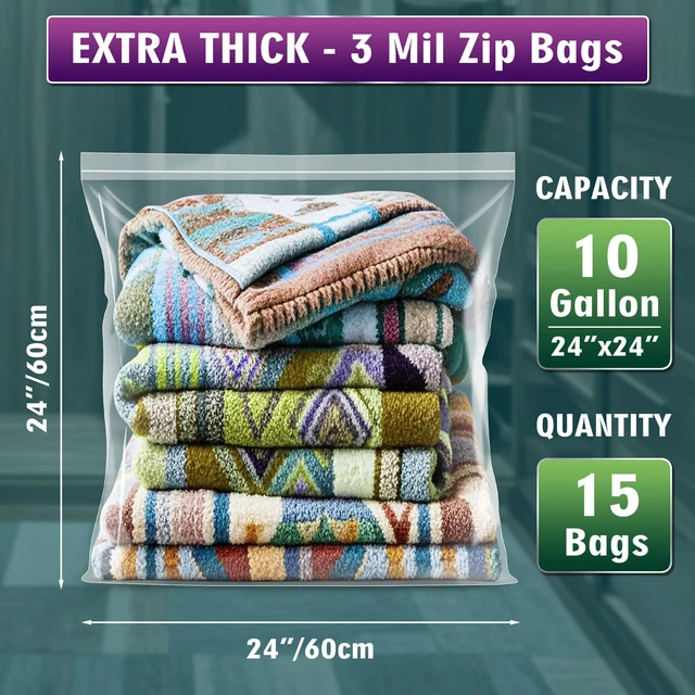 Alt view image 2 of 6 - Extra Large 10 Gallon Zippered Plastic Bags for - 24'' x 24'', Ideal for Clothes Clothing, Travel, Moving, 3-mil Extra Thick Clear Plastic, 15 pack