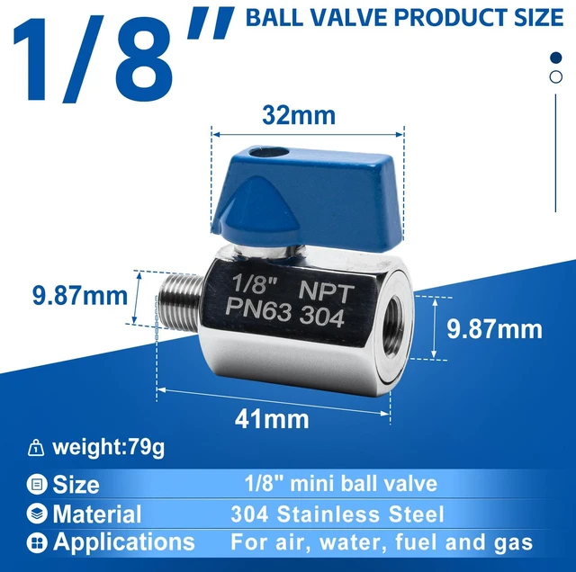 Alt view image 2 of 7 - 4Pack 1/8" Mini Ball Valve, 304 Stainless Steel Shut-Off Valve NPT Female x Male Thread Small Valves for Compact Space (4, 1/8 Inch)
