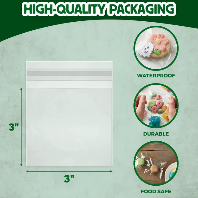 Alt view image 3 of 6 - Self Sealing Cellophane Bags - 3" x 3" (1000 Count) - Clear Plastic Resealable Cello Bag - Cellophane Treat Bags, Cookie Bags for Packaging, Candy bags, Cello Bags, Pastry Bags