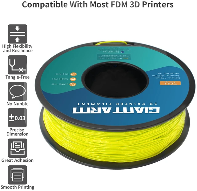 Alt view image 2 of 6 - TPU Filament 1.75mm 1Kg(2.2lbs), Yellow Filament TPU, 95A Flexible 3D Printer Filament with High Elasticity, ±0.03mm Accuracy, Neatly Wound & Moistureproof, Non-Clogging, TPU Yellow