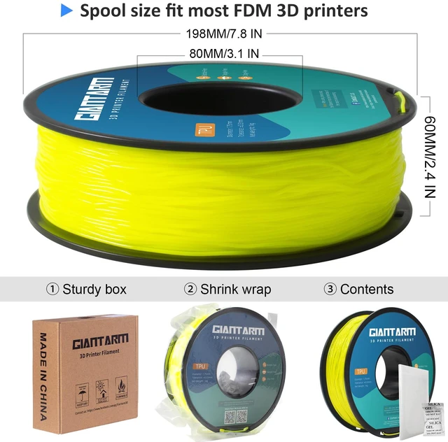 Alt view image 5 of 6 - TPU Filament 1.75mm 1Kg(2.2lbs), Yellow Filament TPU, 95A Flexible 3D Printer Filament with High Elasticity, ±0.03mm Accuracy, Neatly Wound & Moistureproof, Non-Clogging, TPU Yellow