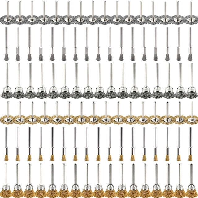 Main image of 100 Pcs Steel Rotary Tool Small Wire Brush Wheel Set, 1/8 inch Shank Brass & Carbon Stainless Wire Brushes Accessories Kit Cup Wheels & Pen-end fit Rotary Tools for Dremmel Metal Rust Removal