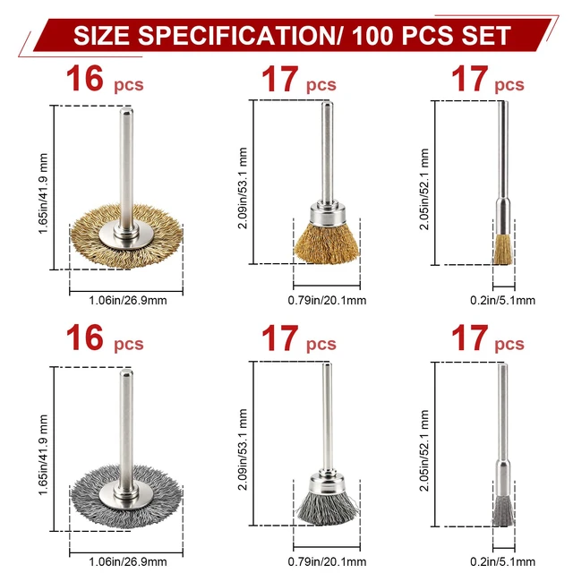 Alt view image 2 of 7 - 100 Pcs Steel Rotary Tool Small Wire Brush Wheel Set, 1/8 inch Shank Brass & Carbon Stainless Wire Brushes Accessories Kit Cup Wheels & Pen-end fit Rotary Tools for Dremmel Metal Rust Removal