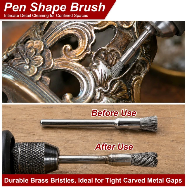 Alt view image 5 of 7 - 100 Pcs Steel Rotary Tool Small Wire Brush Wheel Set, 1/8 inch Shank Brass & Carbon Stainless Wire Brushes Accessories Kit Cup Wheels & Pen-end fit Rotary Tools for Dremmel Metal Rust Removal