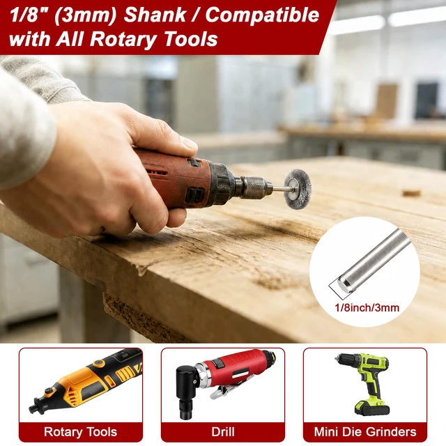 Alt view image 7 of 7 - 100 Pcs Steel Rotary Tool Small Wire Brush Wheel Set, 1/8 inch Shank Brass & Carbon Stainless Wire Brushes Accessories Kit Cup Wheels & Pen-end fit Rotary Tools for Dremmel Metal Rust Removal