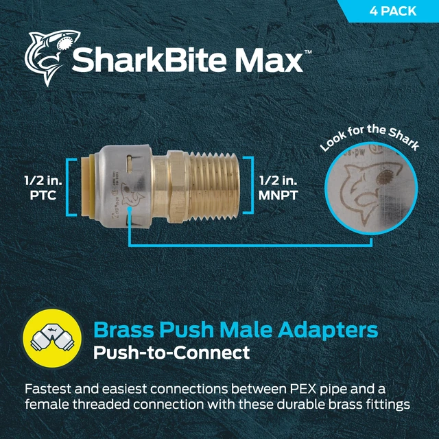 Alt view image 2 of 6 - Max 1/2 Inch MNPT Adapter, Pack of 4, Push to Connect Brass Plumbing Fitting, PEX Pipe, Copper, CPVC, PE-RT, HDPE, UR120A4